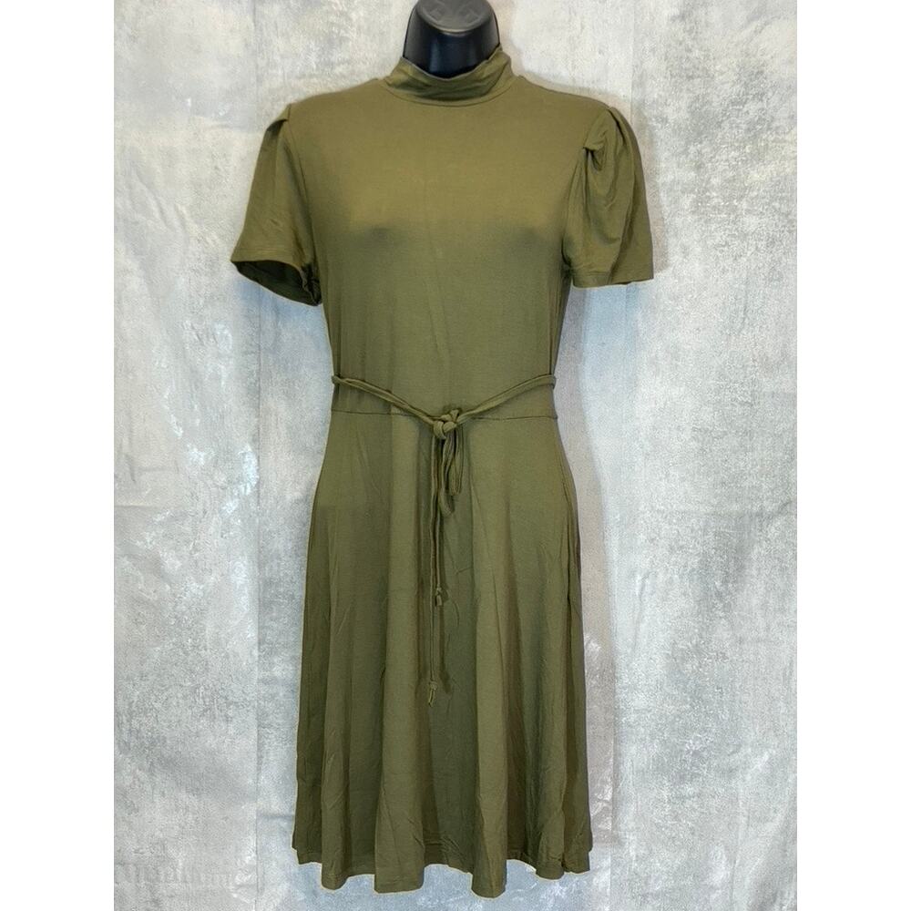 RDI Women's Olive Mock Neck Puff Short Sleeve Tie Waist Fit & Flare Mini Dress